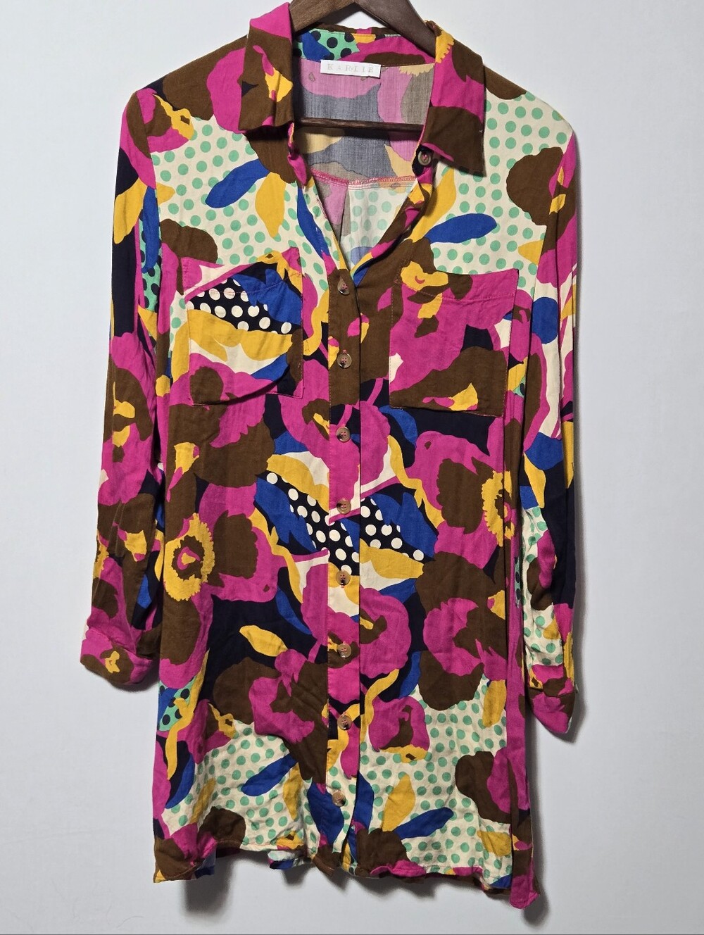 KARLIE Bold Floral Dot Shirt Dress Tunic Pop Art Colorful Button Front Retro